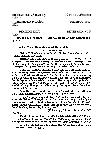 Đề thi tuyển sinh vào Lớp 10 THPT môn Ngữ văn - Năm học 2020-2021 - Sở GD và ĐT Thành phố Đà Nẵng (Có đáp án)