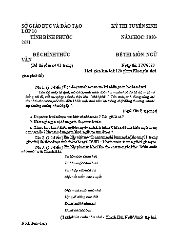 Đề thi tuyển sinh vào Lớp 10 THPT môn Ngữ văn - Năm học 2020-2021 - Sở GD và ĐT Bình Phước (Có đáp án)