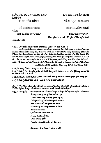 Đề thi tuyển sinh vào Lớp 10 THPT môn Ngữ văn - Năm học 2020-2021 - Sở GD và ĐT Hòa Bình (Có đáp án)