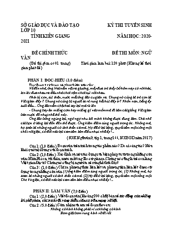 Đề thi tuyển sinh vào Lớp 10 THPT môn Ngữ văn - Năm học 2020-2021 - Sở GD và ĐT Kiên Giang (Có đáp án)