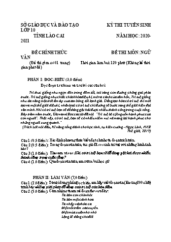 Đề thi tuyển sinh vào Lớp 10 THPT môn Ngữ văn - Năm học 2020-2021 - Sở GD và ĐT Lào Cai (Có đáp án)
