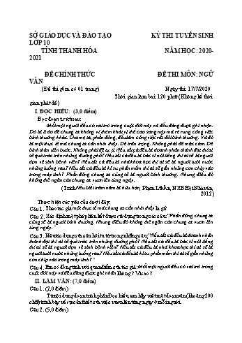 Đề thi tuyển sinh vào Lớp 10 THPT môn Ngữ văn - Năm học 2020-2021 - Sở GD và ĐT Thanh Hóa (Có đáp án)