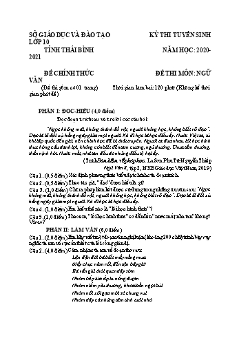 Đề thi tuyển sinh vào Lớp 10 THPT môn Ngữ văn - Năm học 2020-2021 - Sở GD và ĐT Thái Bình (Có đáp án)