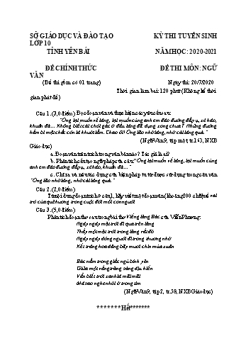 Đề thi tuyển sinh vào Lớp 10 THPT môn Ngữ văn - Năm học 2020-2021 - Sở GD và ĐT Yên Bái (Có đáp án)