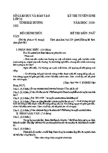 Đề thi tuyển sinh vào Lớp 10 THPT môn Ngữ văn - Năm học 2020-2021 - Sở GD và ĐT Hải Dương (Có đáp án)