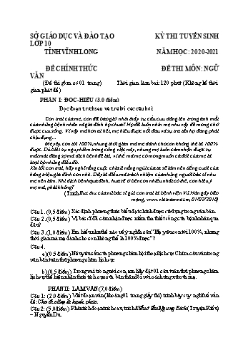 Đề thi tuyển sinh vào Lớp 10 THPT môn Ngữ văn - Năm học 2020-2021 - Sở GD và ĐT Vĩnh Long (Có đáp án)