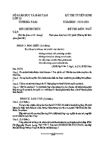 Đề thi tuyển sinh vào Lớp 10 THPT môn Ngữ văn - Năm học 2020-2021 - Sở GD và ĐT Hà Nam (Có đáp án)