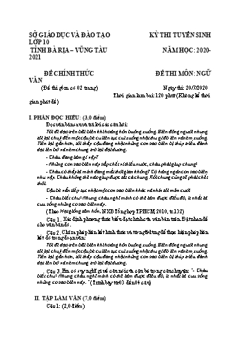 Đề thi tuyển sinh vào Lớp 10 THPT môn Ngữ văn - Năm học 2020-2021 - Sở GD và ĐT Bà Rịa - Vũng Tàu (Có đáp án)