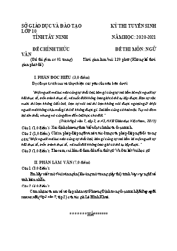 Đề thi tuyển sinh vào Lớp 10 THPT môn Ngữ văn - Năm học 2020-2021 - Sở GD và ĐT Tây Ninh (Có đáp án)