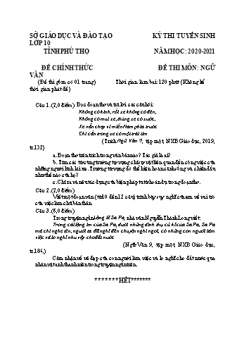 Đề thi tuyển sinh vào Lớp 10 THPT môn Ngữ văn - Năm học 2020-2021 - Sở GD và ĐT Phú Thọ (Có đáp án)