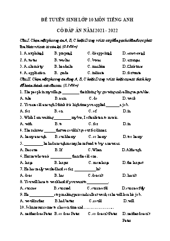 Đề thi tuyển sinh vào Lớp 10 THPT môn Tiếng Anh - Đề số 3 - Năm học 2020-2021 (Có đáp án)