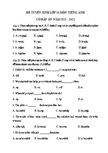 Đề thi tuyển sinh vào Lớp 10 THPT môn Tiếng Anh - Đề số 4 - Năm học 2020-2021 (Có đáp án)