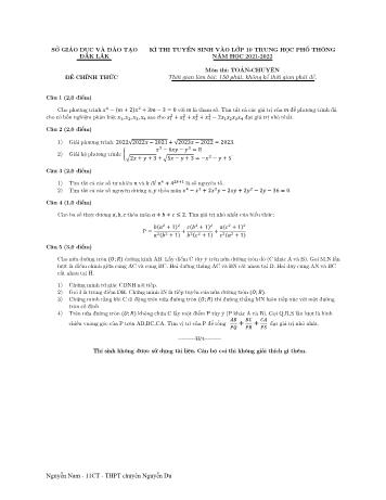 Đề thi tuyển sinh vào Lớp 10 THPT môn Toán (Chuyên) - Năm học 2021-2022 - Sở GD và ĐT Đắk Lắk (Có đáp án)