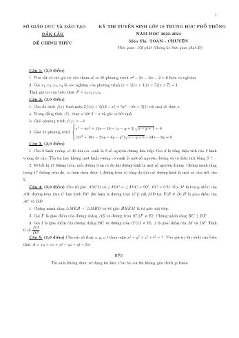 Đề thi tuyển sinh vào Lớp 10 THPT môn Toán (Chuyên) - Năm học 2023-2024 - Sở Giáo dục và Đào tạo Đắk Lắk (Có đáp án)