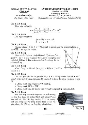 Đề thi tuyển sinh vào Lớp 10 THPT môn Toán (Chuyên) - Năm học 2023-2024 - Sở Giáo dục và Đào tạo An Giang (Có đáp án)