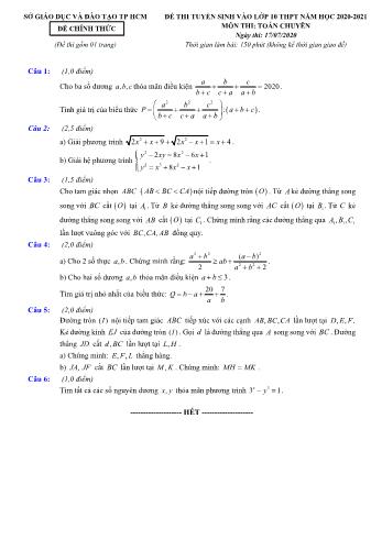 Đề thi tuyển sinh vào Lớp 10 THPT môn Toán (Chuyên) - Năm học 2020-2021 - Sở GD và ĐT Thành phố Hồ Chí Minh (Có đáp án)