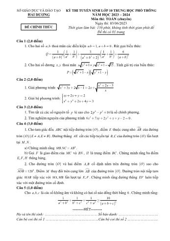 Đề thi tuyển sinh vào Lớp 10 THPT môn Toán (Chuyên) - Năm học 2023-2024 - Sở Giáo dục và Đào tạo Hải Dương (Có đáp án)