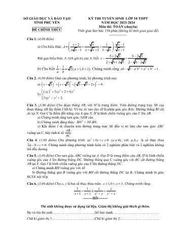 Đề thi tuyển sinh vào Lớp 10 THPT môn Toán (Chuyên) - Năm học 2023-2024 - Sở Giáo dục và Đào tạo Phú Yên (Có đáp án)