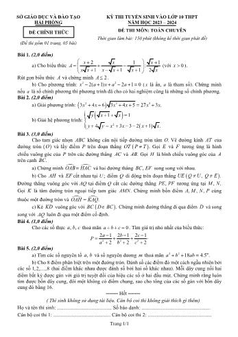 Đề thi tuyển sinh vào Lớp 10 THPT môn Toán (Chuyên) - Năm học 2023-2024 - Sở Giáo dục và Đào tạo Hải Phòng (Có đáp án)