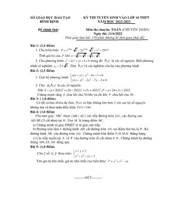 Đề thi tuyển sinh vào Lớp 10 THPT môn Toán (Chuyên Toán) - Năm học 2022-2023 - Sở GD và ĐT Bình Định (Có đáp án)