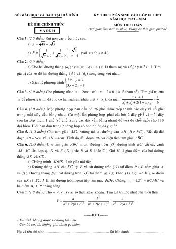 Đề thi tuyển sinh vào Lớp 10 THPT môn Toán - Mã đề 01 - Năm học 2023-2024 - Sở Giáo dục và Đào tạo Hà Tĩnh (Có đáp án)