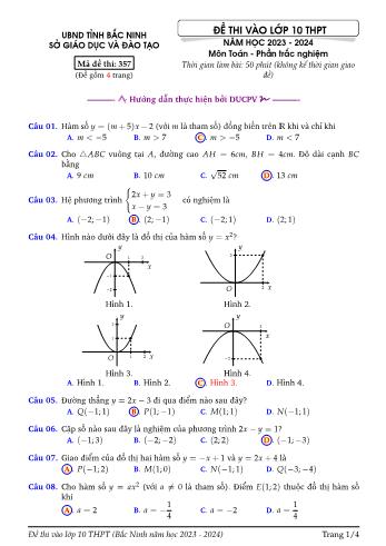 Đề thi tuyển sinh vào Lớp 10 THPT môn Toán - Mã đề 357 - Năm học 2023-2024 - Sở Giáo dục và Đào tạo Bắc Ninh (Có đáp án)