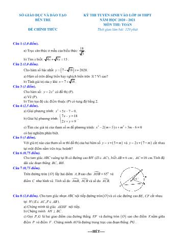 Đề thi tuyển sinh vào Lớp 10 THPT môn Toán - Năm học 2020-2021 - Sở GD và ĐT Bến Tre (Có đáp án)