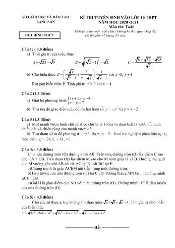 Đề thi tuyển sinh vào Lớp 10 THPT môn Toán - Năm học 2020-2021 - Sở GD và ĐT Lạng Sơn (Có đáp án)