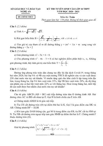 Đề thi tuyển sinh vào Lớp 10 THPT môn Toán - Năm học 2020-2021 - Sở GD và ĐT Nghệ An