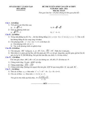 Đề thi tuyển sinh vào Lớp 10 THPT môn Toán - Năm học 2020-2021 - Sở GD và ĐT Hòa Bình (Có đáp án)