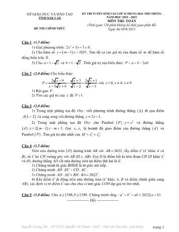 Đề thi tuyển sinh vào Lớp 10 THPT môn Toán - Năm học 2021-2022 - Sở GD và ĐT Đắk Lắk (Có đáp án)
