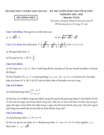 Đề thi tuyển sinh vào Lớp 10 THPT môn Toán - Năm học 2021-2022 - Sở GD và ĐT Lào Cai (Có đáp án)