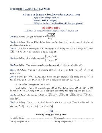 Đề thi tuyển sinh vào Lớp 10 THPT môn Toán - Năm học 2021-2022 - Sở GD và ĐT Tây Ninh (Có đáp án)