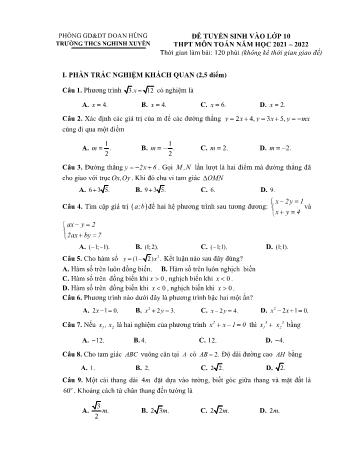 Đề thi tuyển sinh vào Lớp 10 THPT môn Toán - Năm học 2021-2022 - Trường THCS Nghinh Xuyên (Có đáp án)