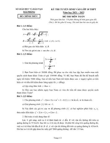 Đề thi tuyển sinh vào Lớp 10 THPT môn Toán - Năm học 2021-2022 - Sở GD và ĐT Hải Phòng (Có đáp án)
