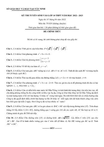 Đề thi tuyển sinh vào Lớp 10 THPT môn Toán - Năm học 2022-2023 - Sở GD và ĐT Tây Ninh (Có đáp án)