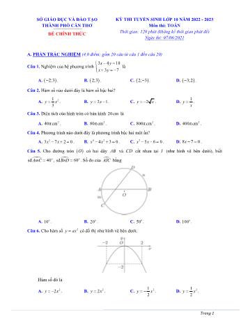 Đề thi tuyển sinh vào Lớp 10 THPT môn Toán - Năm học 2022-2023 - Sở Giáo dục và Đào tạo TP Cần Thơ (Có đáp án)