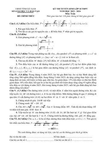 Đề thi tuyển sinh vào Lớp 10 THPT môn Toán - Năm học 2023-2024 - Sở Giáo dục và Đào tạo Hà Nam (Có đáp án)