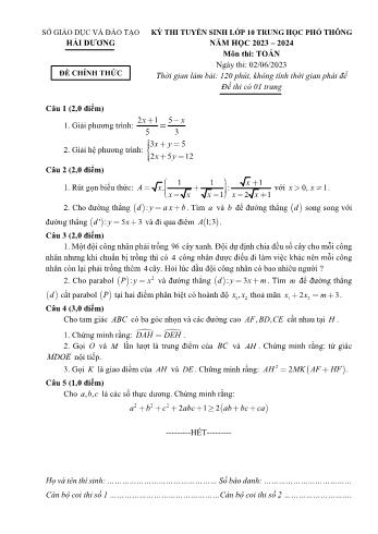 Đề thi tuyển sinh vào Lớp 10 THPT môn Toán - Năm học 2023-2024 - Sở Giáo dục và Đào tạo Hải Dương (Có đáp án)