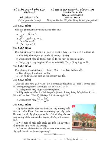 Đề thi tuyển sinh vào Lớp 10 THPT môn Toán - Năm học 2023-2024 - Sở Giáo dục và Đào tạo An Giang (Có đáp án)