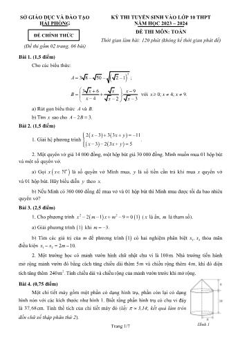 Đề thi tuyển sinh vào Lớp 10 THPT môn Toán - Năm học 2023-2024 - Sở Giáo dục và Đào tạo Hải Phòng (Có đáp án)
