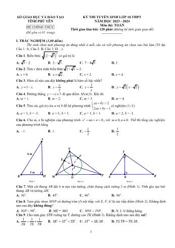 Đề thi tuyển sinh vào Lớp 10 THPT môn Toán - Năm học 2023-2024 - Sở Giáo dục và Đào tạo Phú Yên (Có đáp án)