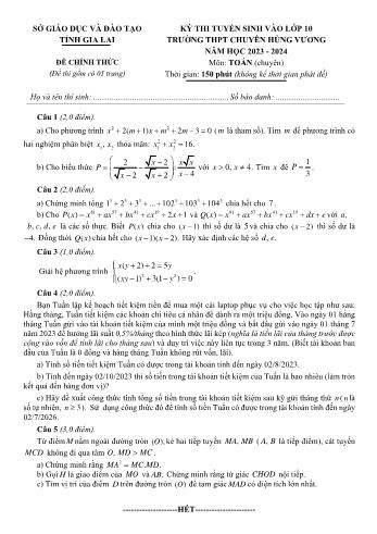 Đề thi tuyển sinh vào Lớp 10 trường chuyên THPT Hùng Vương môn Toán (Chuyên) - Năm học 2023-2024 - Sở Giáo dục và Đào tạo Gia Lai