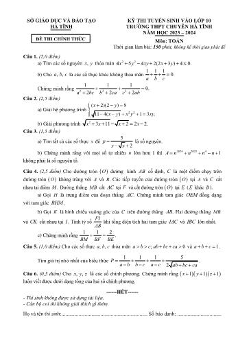 Đề thi tuyển sinh vào Lớp 10 trường THPT chuyên Hà Tĩnh môn Toán - Năm học 2023-2024 - Sở Giáo dục và Đào tạo Hà Tĩnh (Có đáp án)