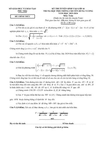 Đề thi tuyển sinh vào Lớp 10 trường THPT chuyên Hùng Vương môn Toán - Dành cho thí sinh chuyên Toán - Năm học 2023-2024 - Sở Giáo dục và Đào tạo Phú Thọ (Có đáp án)