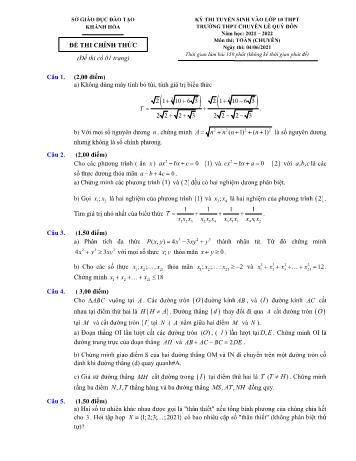 Đề thi tuyển sinh vào Lớp 10 trường THPT chuyên Lê Quý Đôn môn Toán - Năm học 2021-2022 - Sở GD và ĐT Khánh Hòa (Có đáp án)