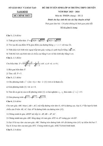 Đề thi tuyển sinh vào Lớp 10 trường THPT chuyên môn Toán - Đề 2 - Năm học 2023-2024 - Sở Giáo dục và Đào tạo Nam Định (Có đáp án)