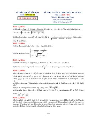 Đề thi vào Lớp 10 trường THPT chuyên Lam Sơn môn Toán - Năm học 2021-2022 - Sở GD và ĐT Thanh Hóa (Có đáp án)