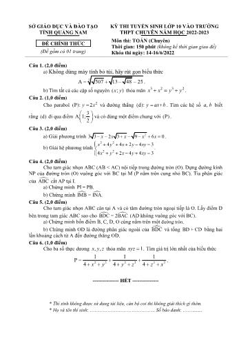 Đề thi vào Lớp 10 trường THPT chuyên môn Toán - Năm học 2022-2023 - Sở GD và ĐT Quảng Nam (Có đáp án)