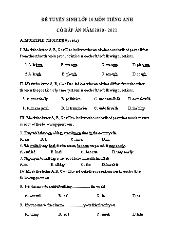 Đề tuyển sinh Lớp 10 THPT môn Tiếng Anh - Đề số 1 - Năm học 2020-2021